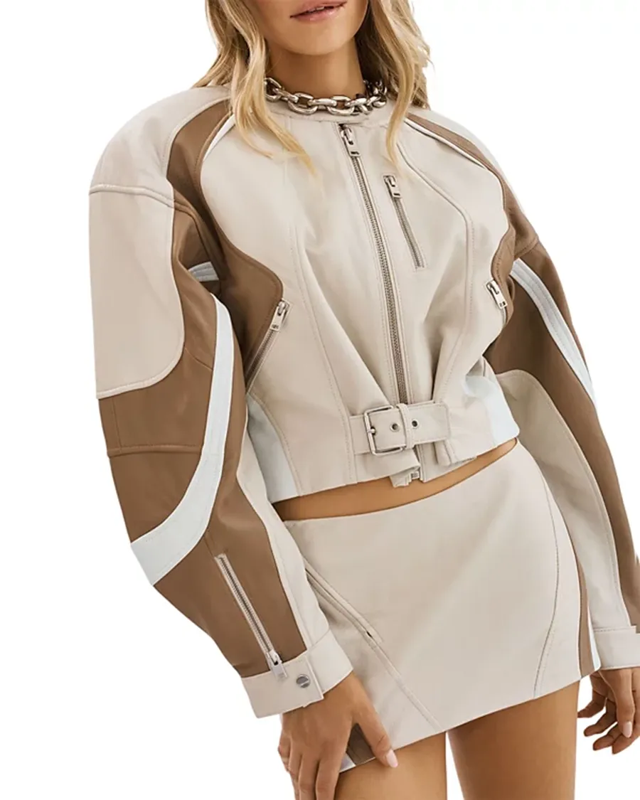 Cropped Leather Contrast Insert Racer Jacket