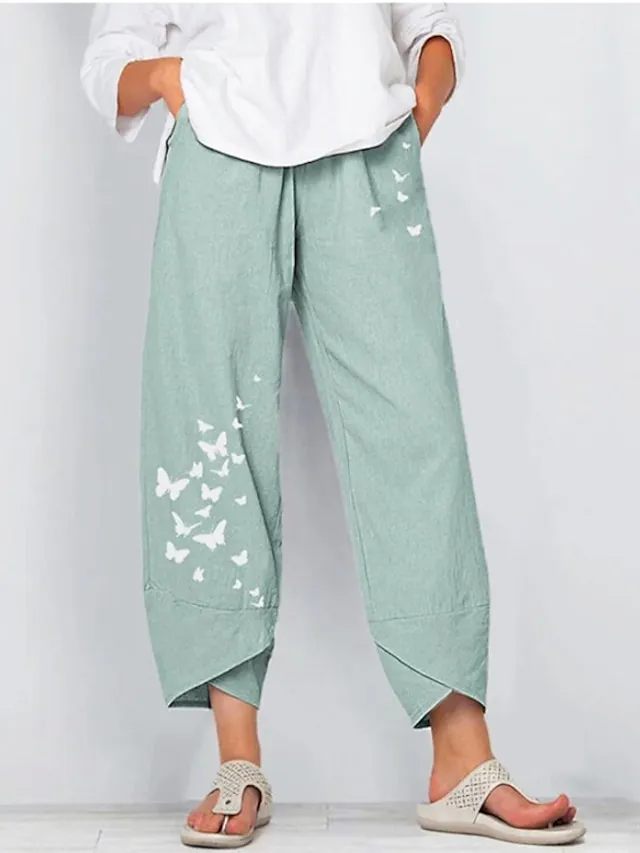 Women's Linen Pants Pants Trousers Capri shorts Ankle-Length Linen / Cotton Blend Baggy Print High Waist Chino Casual Going out Black / Red Light Green S M Spring &  Fall