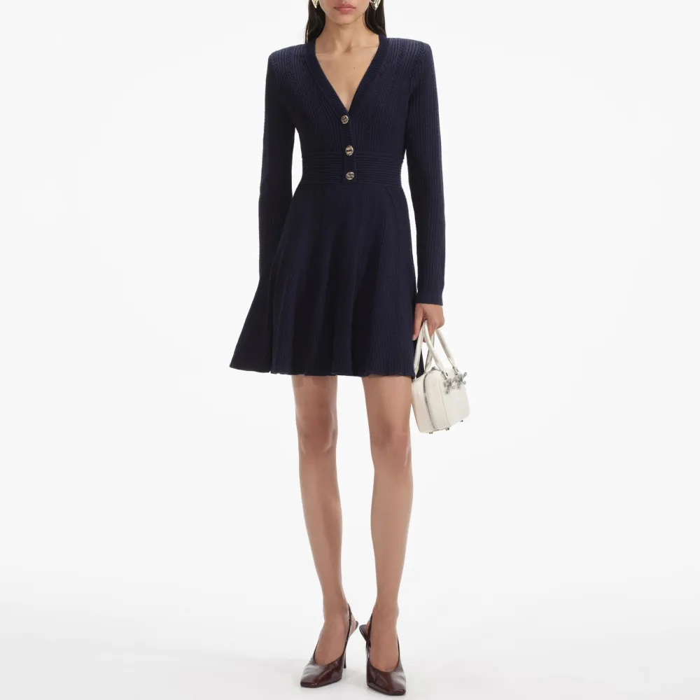 Navy Pointelle Knit Mini Dress