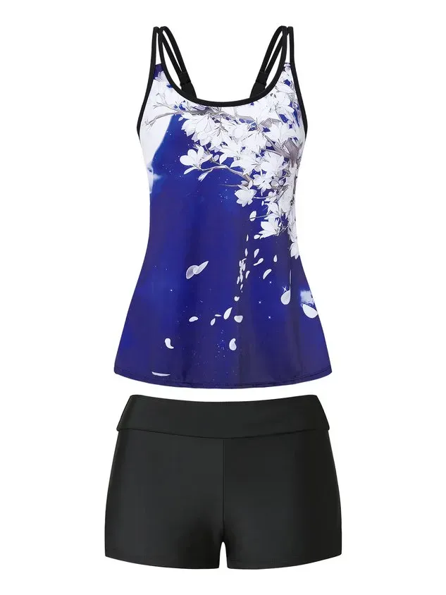 Vacation Floral Printing Scoop Neck Tankinis Two-Piece Set