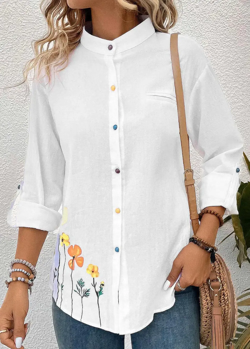 White Button Floral Print Long Sleeve Stand Collar Blouse