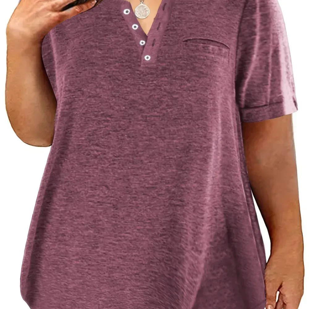Plus Size Button Front Short Sleeve T-shirt, Women's Plus Slight Stretch Casual Tee