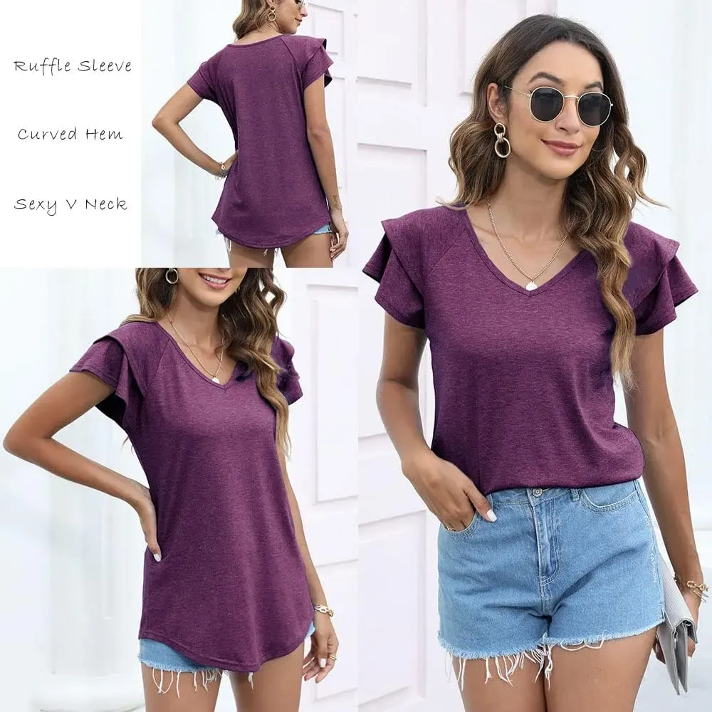 T&Twenties Womens Summer Tops Ruffle Short Sleeve Tunic Tops V Neck Loose Fit Flowy T-Shirts
