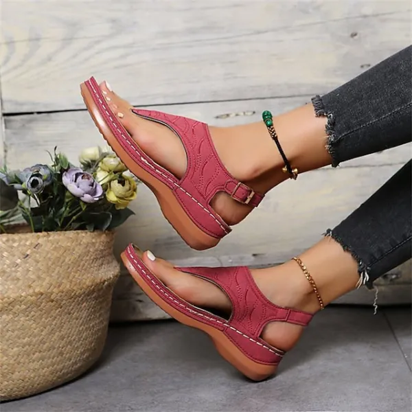 Women's Sandals Wedge Sandals Plus Size Daily Summer Buckle Wedge Heel Open Toe Casual PU Leather Ankle Strap Solid Colored Black Red Blue