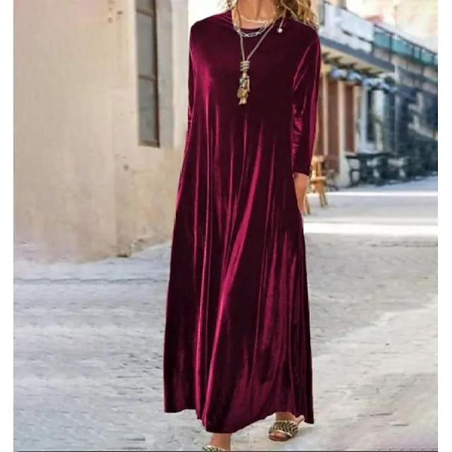 Women‘s Velvet Dress Shift Dress Caftan Dress Long Dress Maxi Dress Green Black Purple Long Sleeve Pure Color Pocket Winter Fall Spring Crew Neck Mature Winter Dress Daily Vacation 2023