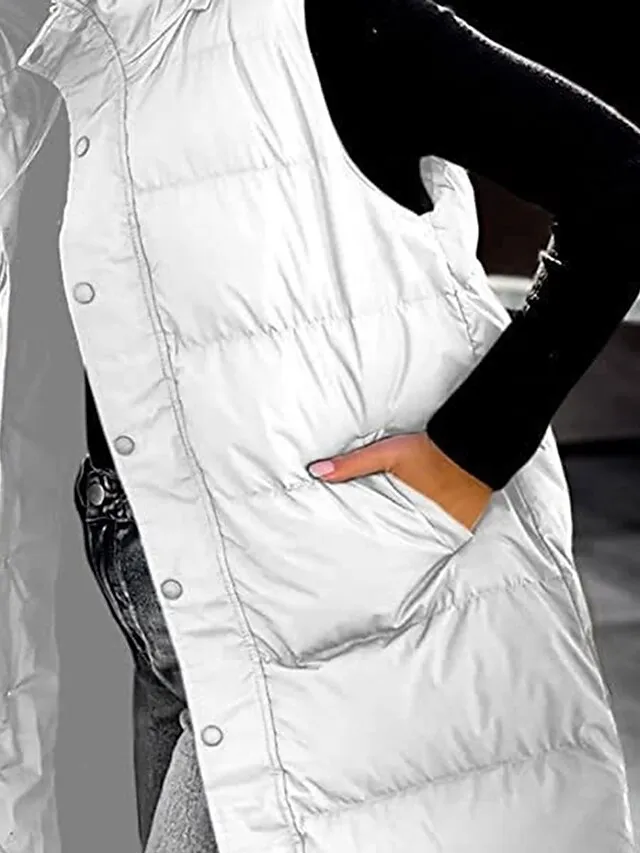 Women's Puffer Vest Long Winter Coat Sleeveless Hooded Jacket Thermal Warm Parka Windproof Gilet Zipper Outerwear Fall