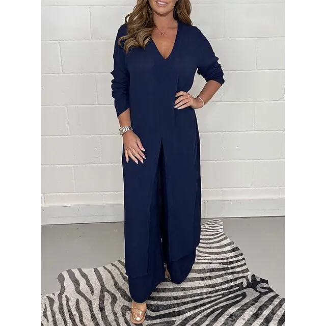 Women's Pajamas Pajama Top and Pant Sets 2 Pieces Pure Color Fashion Casual Soft Home Daily Bed Polyester Breathable V Wire Long Sleeve T shirt Tee Pant Summer Spring Black White