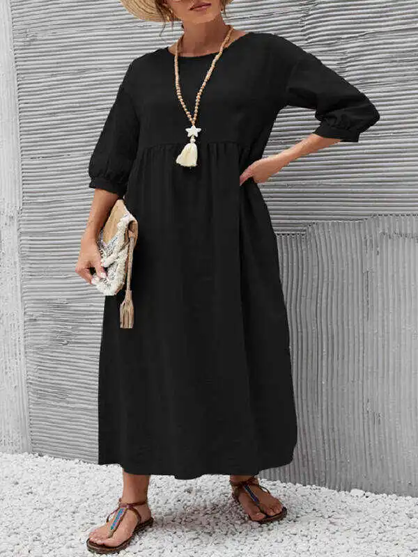 11 Colors Simple Round-Neck Solid Color Midi Dress