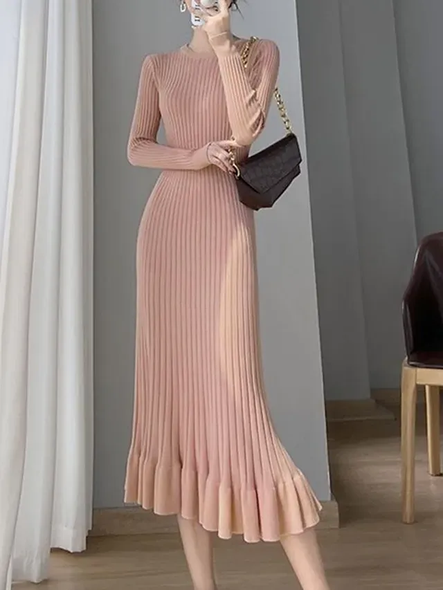 Women's Sweater Dress Knit Dress Jumper Dress Midi Dress Knitwear Elegant Fashion Pure Color Outdoor Daily Vacation Going out Crew Neck Long Sleeve Ruffle Patchwork 2023 Regular Fit Black Pink Beige