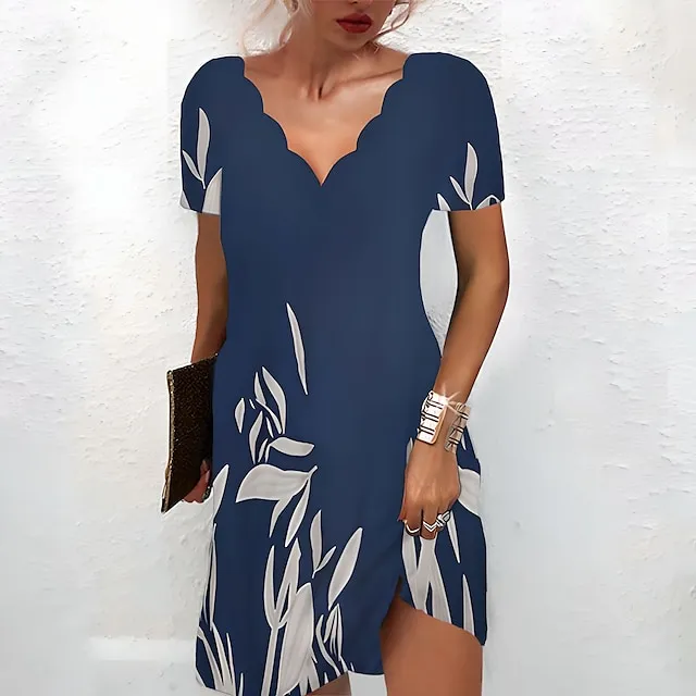 Women's Casual Dress Shift Dress Floral Dress Mini Dress Black And White Black White Short Sleeve Floral Print Summer Spring Scalloped Neck Fashion Vacation 2023 S M L XL XXL 3XL