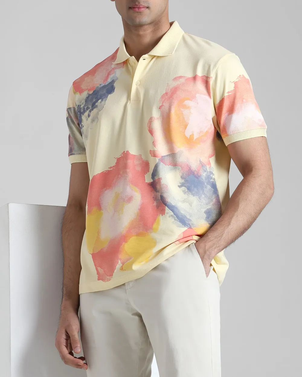 Daily Simple Light Yellow Floral Print Polo Shirt