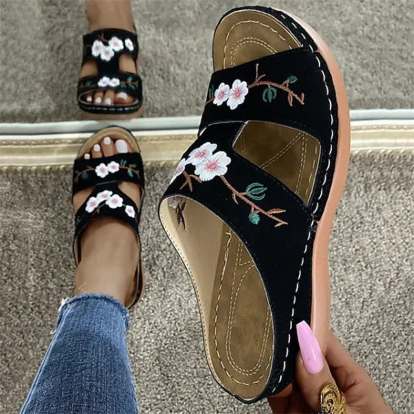 Women's Sandals Wedge Sandals Outdoor Slippers Outdoor Daily Walking Summer Flower Wedge Heel Open Toe Classic Casual Minimalism Faux Leather Loafer Embroidered Black Red Brown