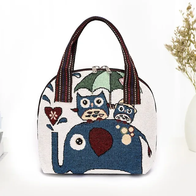 Women's Handbag Polyester Cotton Party Daily Zipper Large Capacity Breathable Durable Folk Blue butterfly Yellow Elephant Black elephant