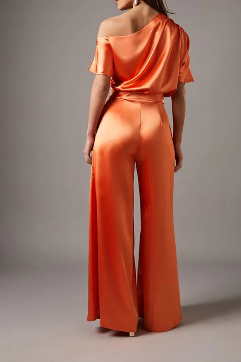 Casual Style One Shoulder Satin Orange Jumpsuit