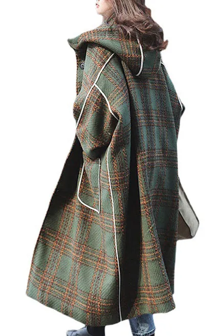 Vintange Plaid Front Pockets Long Hooded Coat