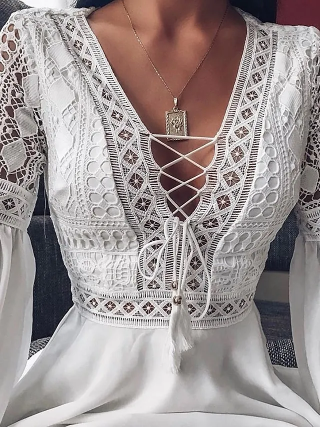 Women‘s Chiffon Dress White Black Long Sleeve Pure Color Tassel Fringe Patchwork Summer Spring V Neck Hot Sexy Fall Dress Slim 2023 S M L XL /Summer Dress