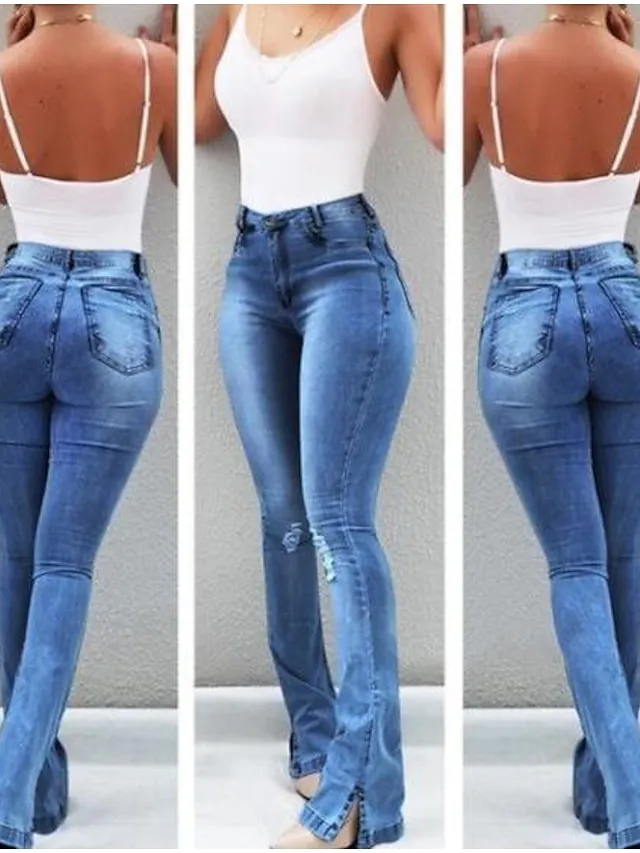 Women‘s Flare Jeans Pants Trousers Full Length Denim Split High Elasticity High Waist Fashion Casual Office Vacation Light Blue bule S M Autumn / Fall