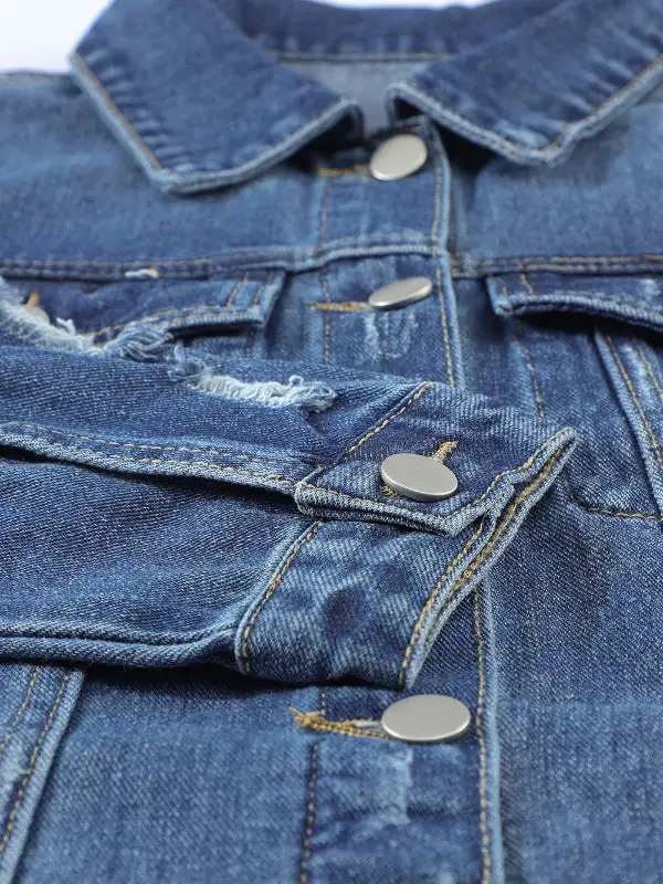 Lapel Distressed Raw Hem Buttons Denim Jacket