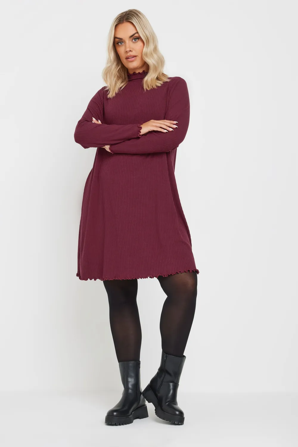 YOURS Curve Forest Green Ribbed Lettuce Hem Tunic Dress