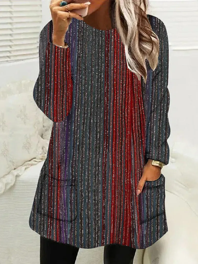 Women Long Sleeve Scoop Neck Striped Colorblock Pockets Tops