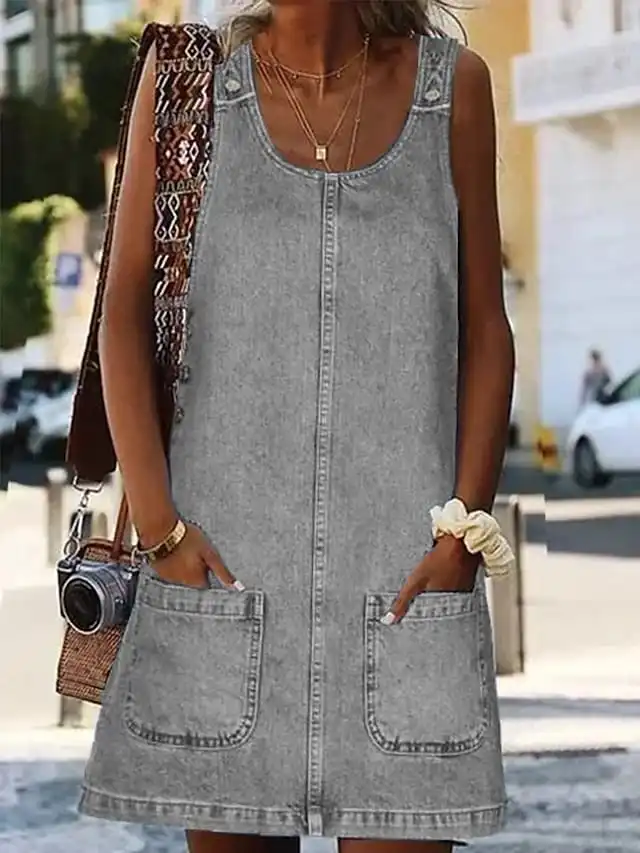 Women's Casual Dress Shift Dress Denim Overall Pinafore Dress Mini Dress Denim Fashion Modern Outdoor Daily Vacation U Neck Pocket Sleeveless Summer Spring 2023 Regular Fit Black Blue Gray Plain S M
