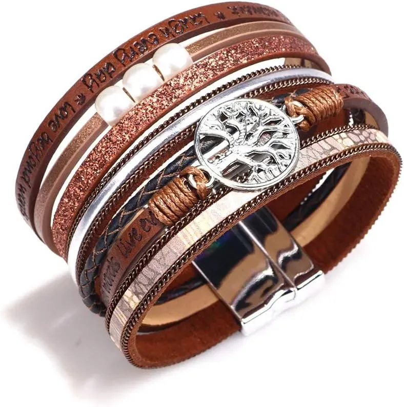 Fesciory Leather Wrap Bracelets for Women, Boho Leopard Multi-Layer Crystal Beads Cuff Bracelet Jewelry