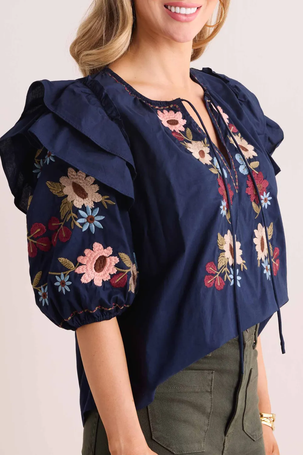 Navy Floral Embroidered Ruffled Sleeve Tie-Front Top