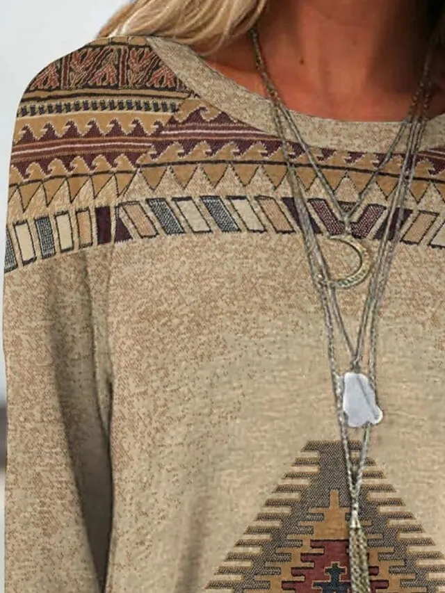 Women's Plus Size T shirt Tee Burgundy Tee Tunic Shirts Marron Yellow Light Green Geometric Plaid Print Long Sleeve Casual Vintage Tunic Ethnic Round Neck Regular Fit Bohemian Theme Geometric Fall