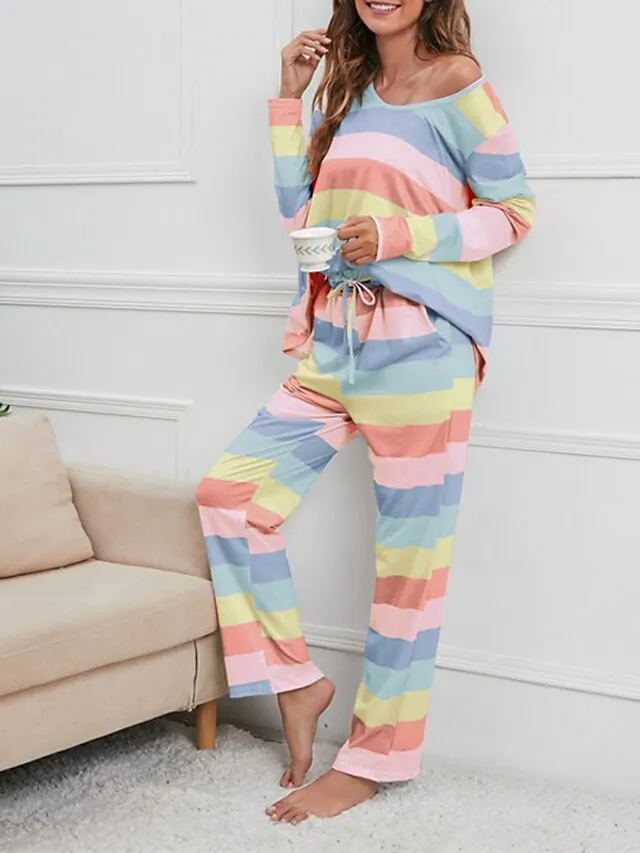 Women's Pajamas Nighty Pjs Sets 2 Pieces Rainbow Stripe Fashion Comfort Soft Home Daily Bed Cotton Breathable V Wire Long Sleeve T shirt Tee Pant Spring Fall Yellow Blue