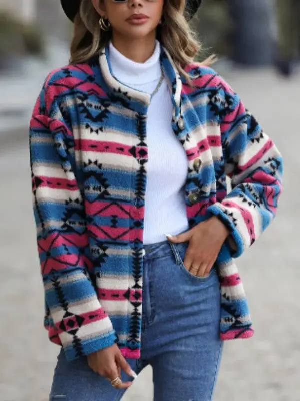 Stand Collar Button Front Maroon Velvet Printed Jacket