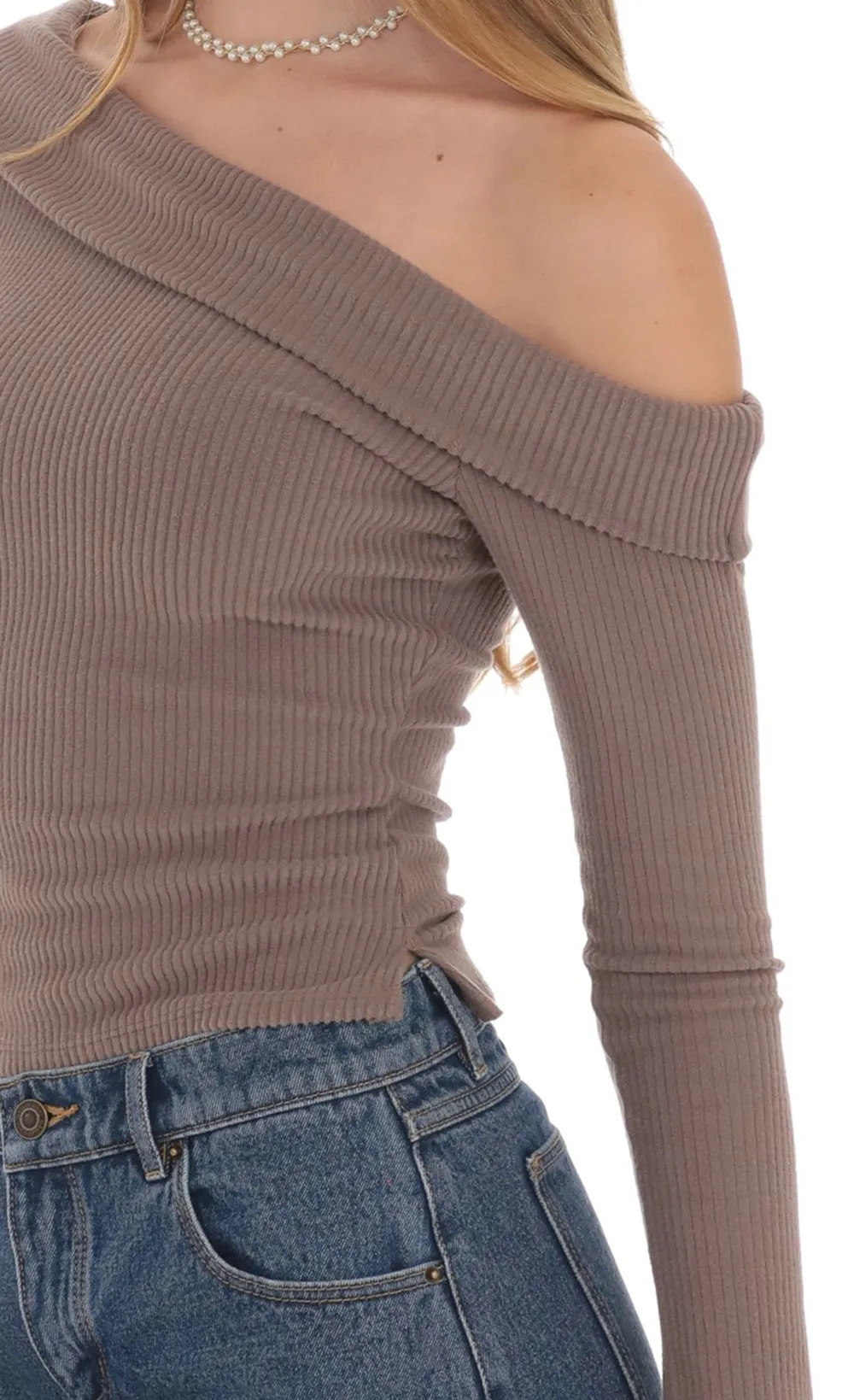 Ribbed Off Shoulder Top in Taupe