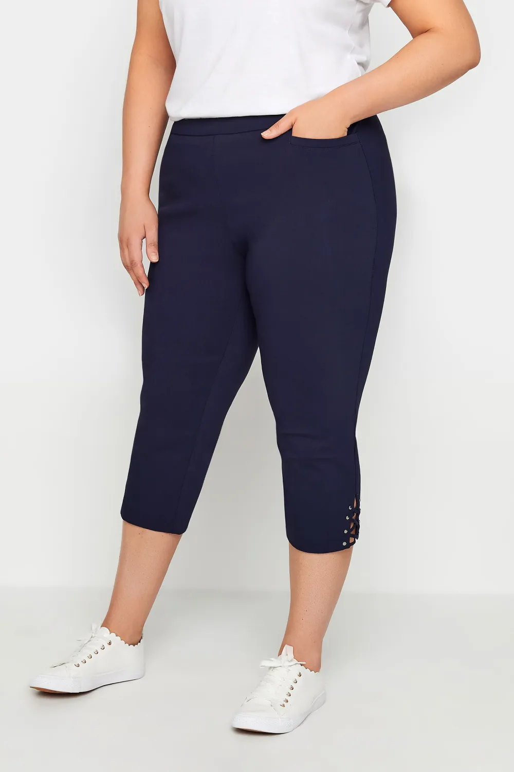 Evans Navy Blue Cut Out Stud Cropped Leggings