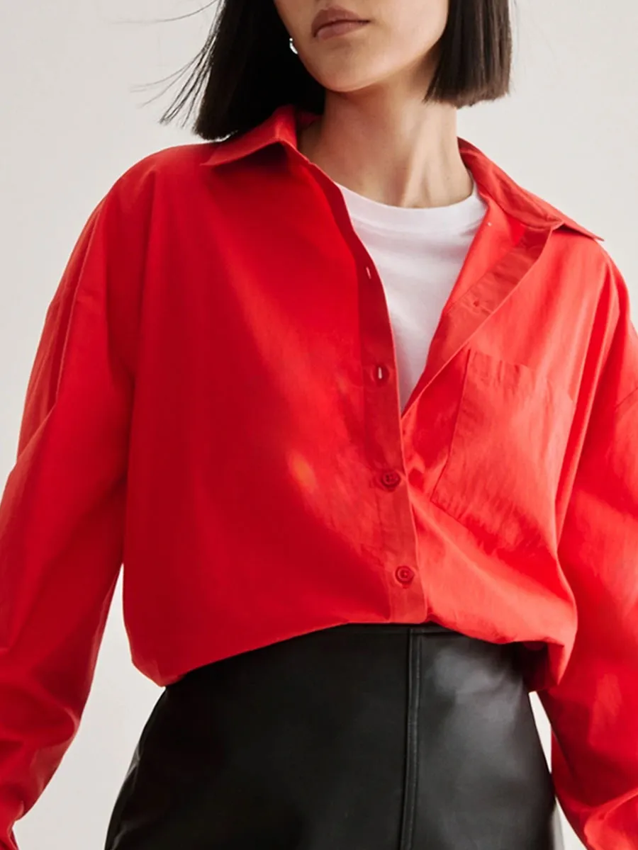 Women'S Stylish Red Oversized Collared Shirt