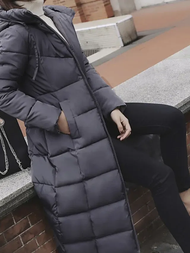 Women's Puffer Jacket Parka Outdoor Street Daily Winter Fall Long Coat Regular Fit Warm Breathable Jacket Long Sleeve Solid Color Green Black Dark Green / Going out