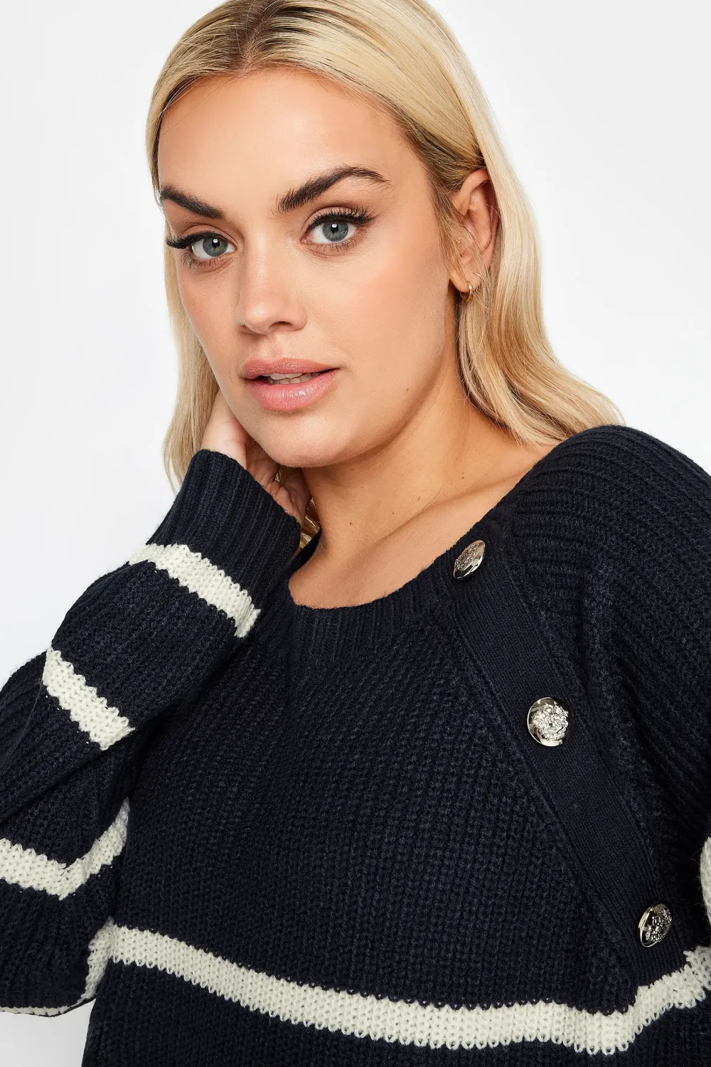 YOURS Curve Navy Blue Stripe Button Detail Jumper
