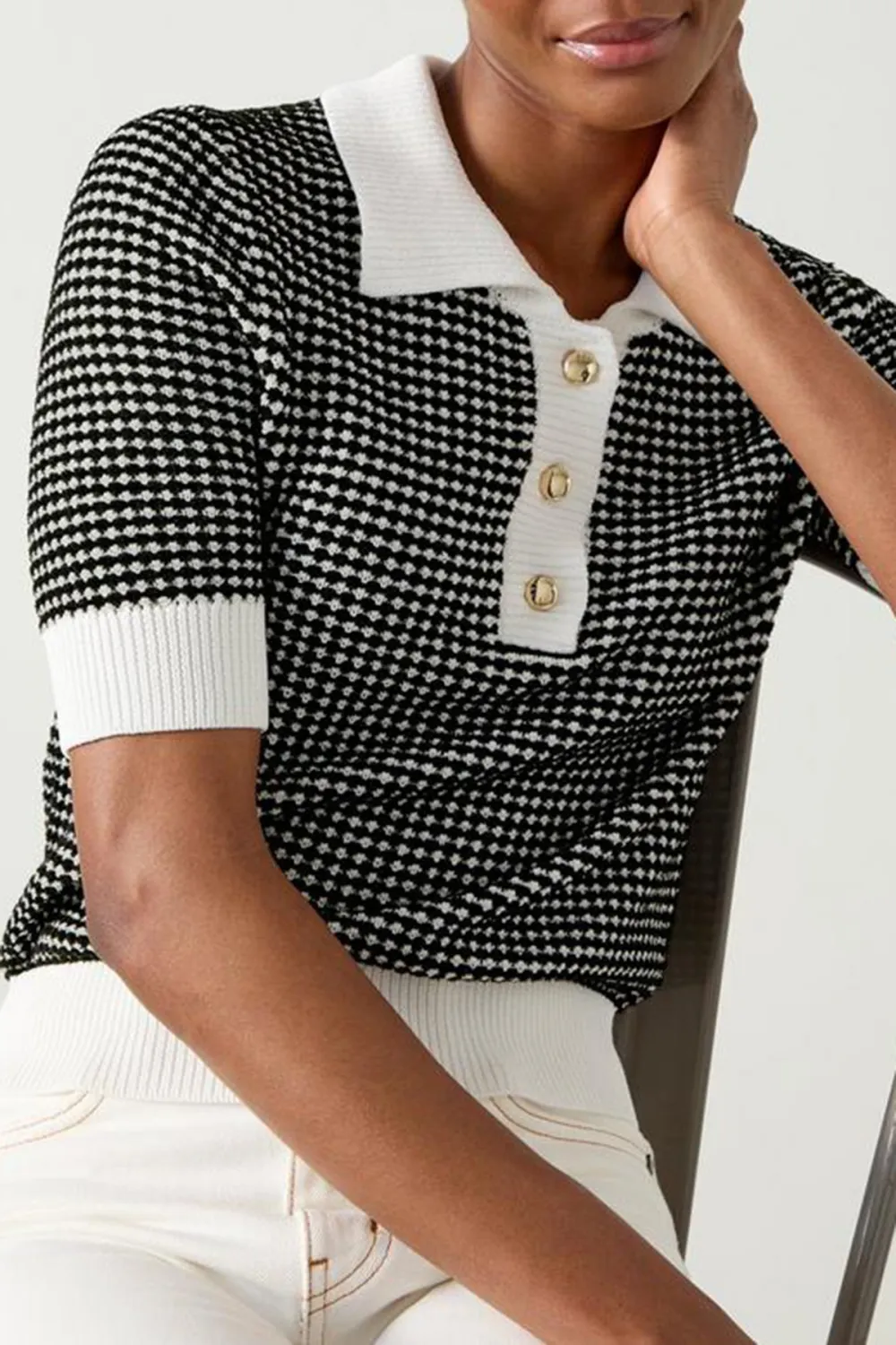 Black Cream Checkered Polo Collar Short Sleeve Knit