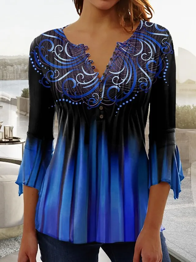 Women's Plus Size Shirt T shirt Tee Blouse Graphic Pink Blue Green Button Print 3/4 Length Sleeve Casual Weekend Basic Round Neck Regular Fit