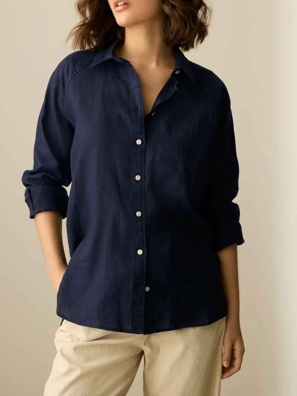 Ecru Palm Print Linen Flat Collar Loose Long Sleeve Shirt