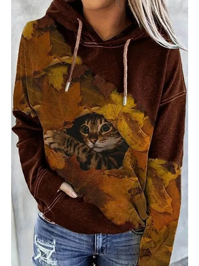 Women's Hoodie Pullover Cat Graphic Tie Dye Front Pocket Print Daily Other Prints Basic Casual Hoodies Sweatshirts  Blue Black Brown