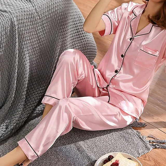 Women's Pajamas Pjs Sets 2 Pieces Pure Color Fashion Simple Comfort Home Xmas Christmas Daily Satin Lapel Short Sleeve Shirt Pant Elastic Waist Summer Spring Silver Black