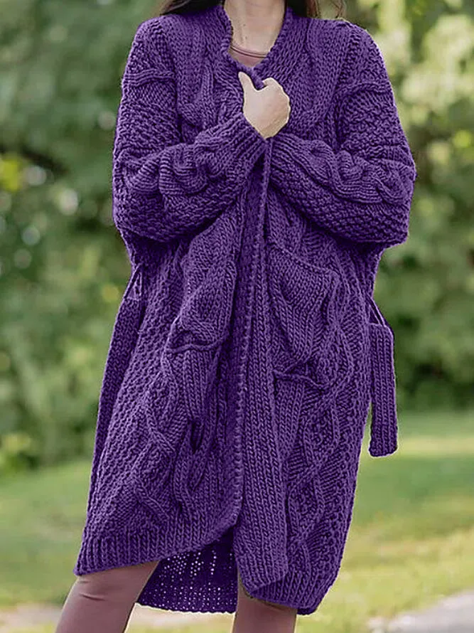 Plain Lace-Up Casual Sweater Coat