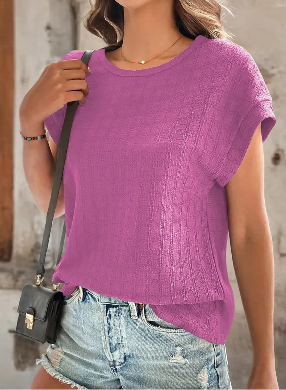 Dokotoo Tops for Women Trendy Summer Casual Cap Short Sleeve Basic Textured Solid Color Round Neck T Shirts Blouse