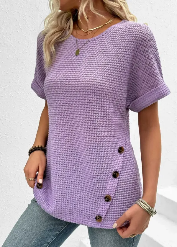 Light Purple Button Short Sleeve Round Neck T Shirt