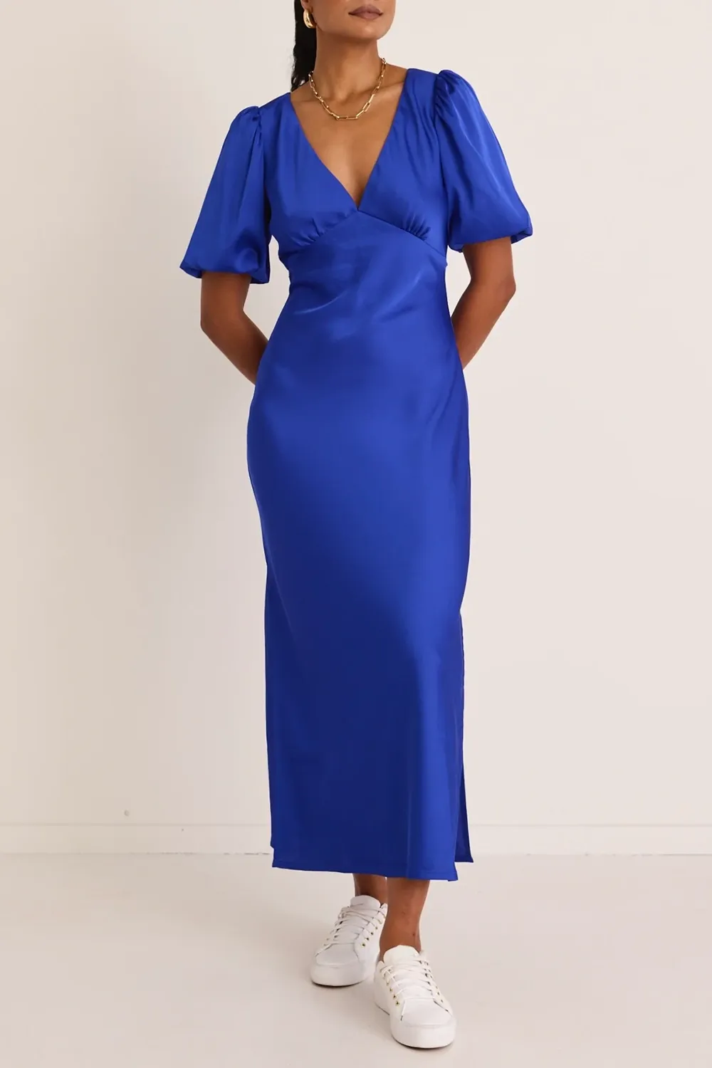 Blue Satin Short - Sleeve Maxi Dress