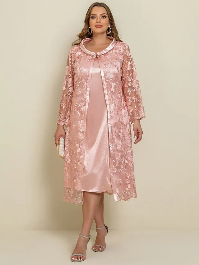 Women‘s Plus Size Curve Two Piece Dress Lace Party Dress Print Crew Neck 3/4 Length Sleeve Spring Fall Work Midi Dress Formal Vacation Dress Wedding Guest Dress