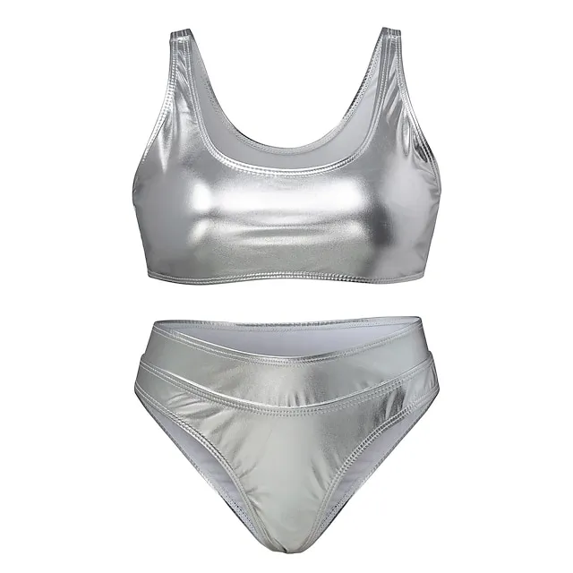 Women's Swimwear One Piece Monokini Bathing Suits Normal Swimsuit Tummy Control Glitter Slim Solid Color Split gold Split silver Siamese gold Siamese silver Bathing Suits Sexy Active Vacation