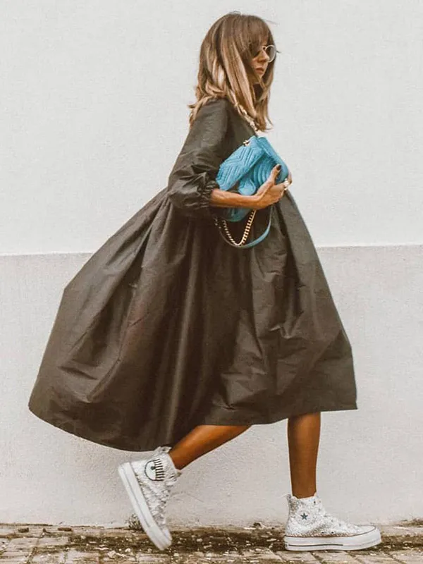 Loose High-Low Pleated Half Sleeves Round-Neck Midi Dress