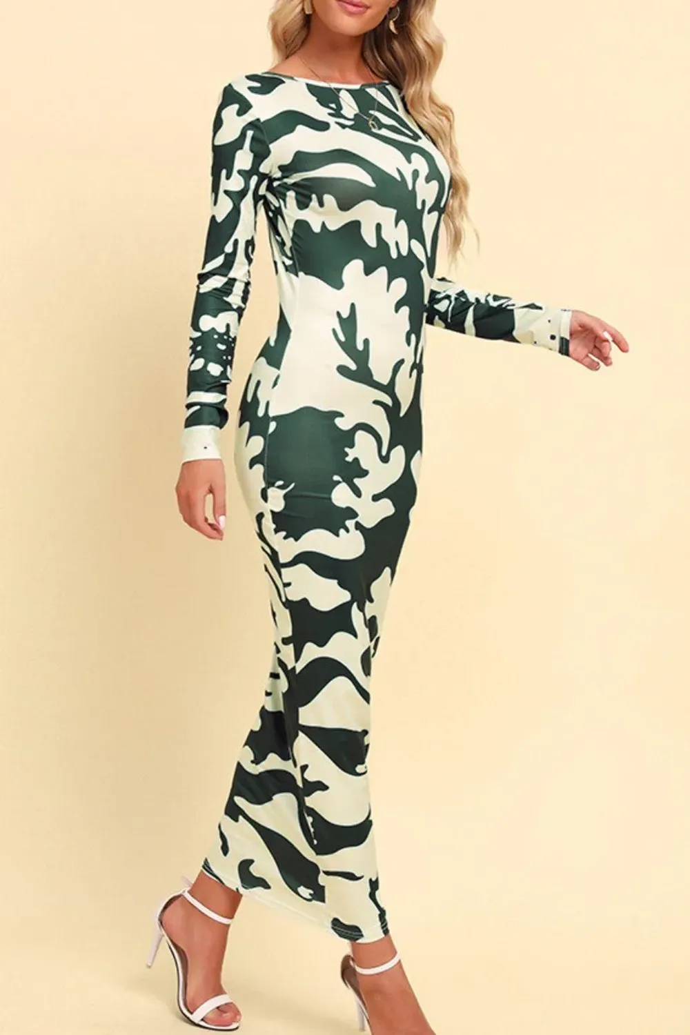 Artistic Personality Green Botanical Print Long Dress