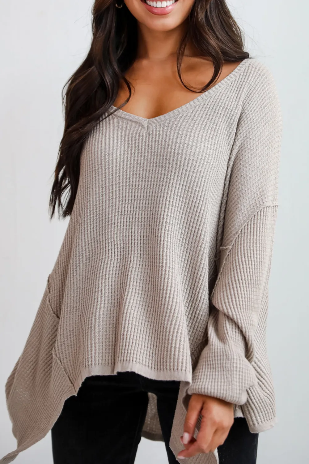 Sweetest Composure Taupe Oversized Waffle Knit Top