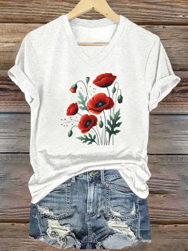 Floral Pattern V-Neck Short-Sleeved T-Shirts